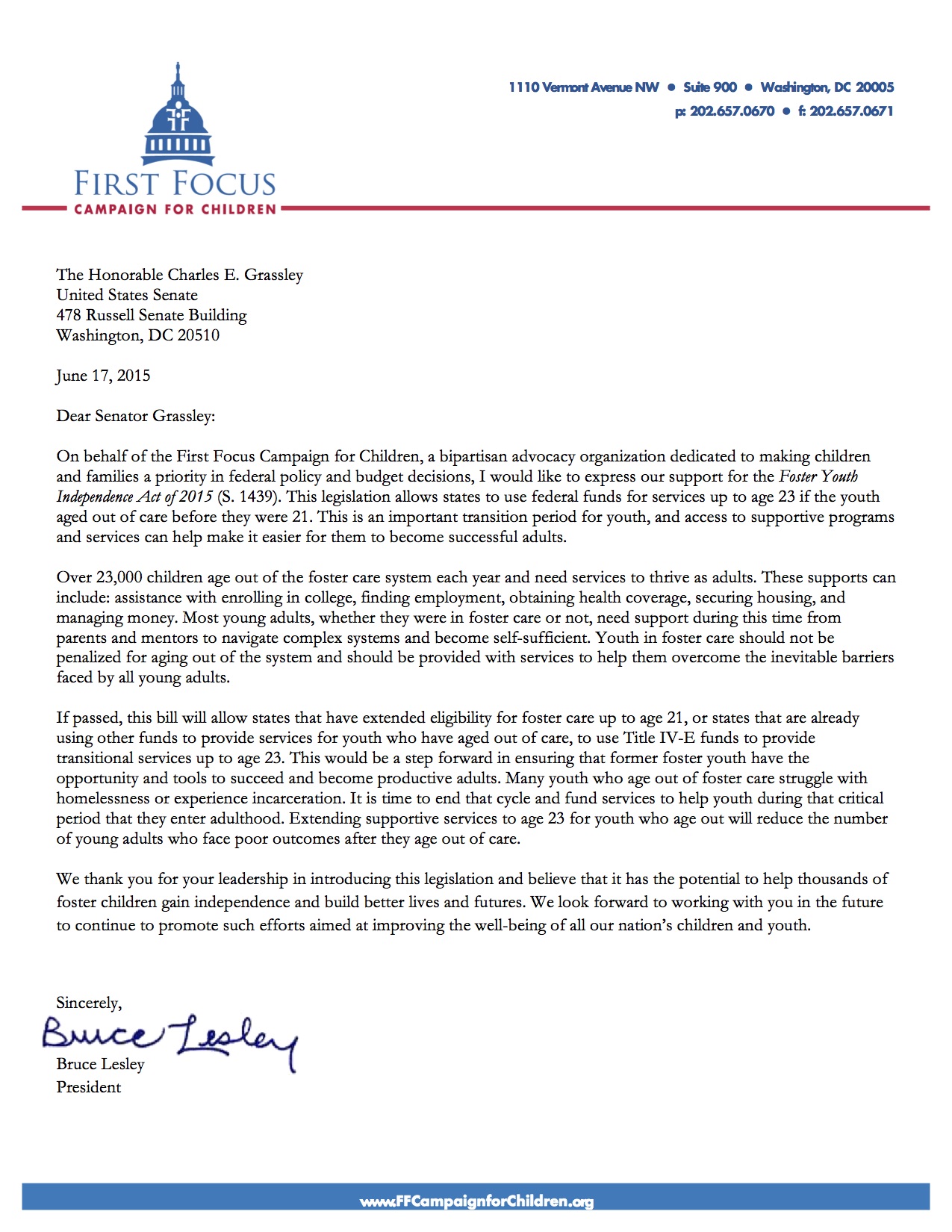 Letter in Support of Foster Youth Independence Act of 2015 (S.1439)
